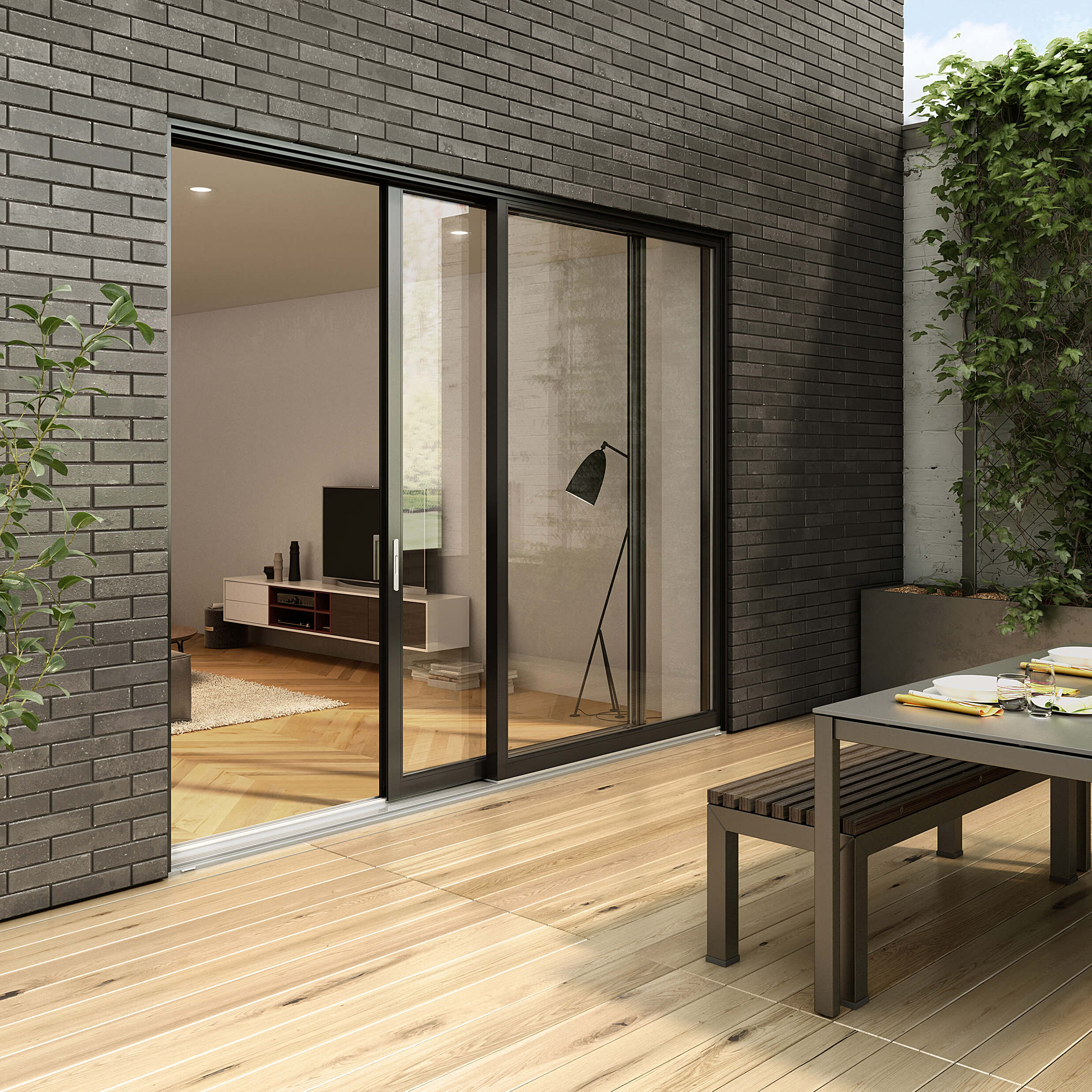 This beautiful black patio door is lift and slide for easy opening and helps connect indoor and outdoor spaces.